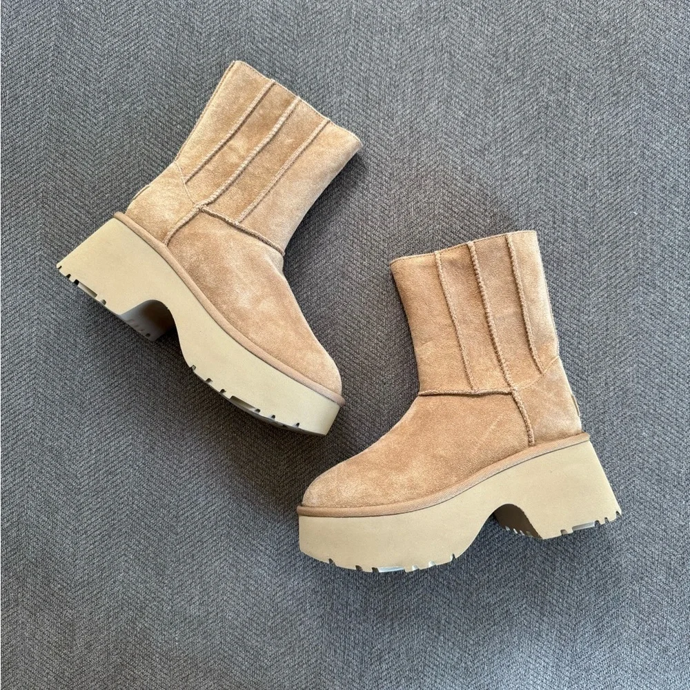 UGG Classic New Heights Suede and Shearling Heeled Ankle Boot - Picture 4 of 9